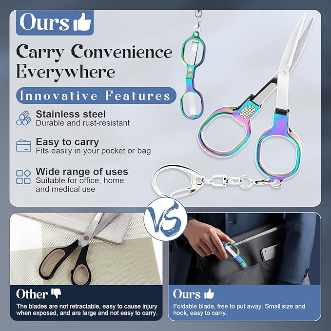 Small Folding Scissors with Keychain, 2 Pieces Portable Mini Safety Scissors for Travel, First Aid, Sewing, Craft & Office - Blunt Tip Tiny Shears for Nurses, Medical Kit, Crochet and Daily Use