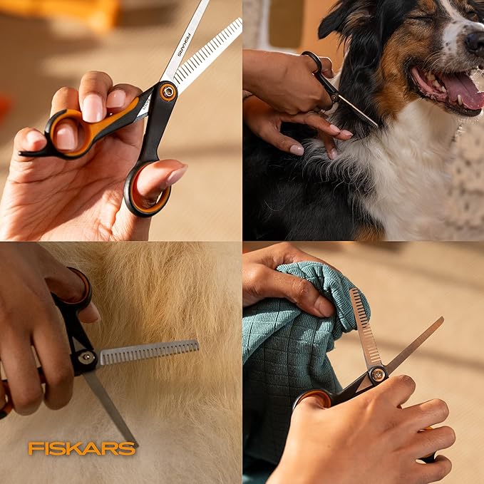 Fiskars Pet Scissors, Dog and Cat Grooming Scissors, Serrated Teeth for Thinning & SoftGrip Handle, Cat and Dog Supplies, 6.5?? Orange/Black, Blending Scissors