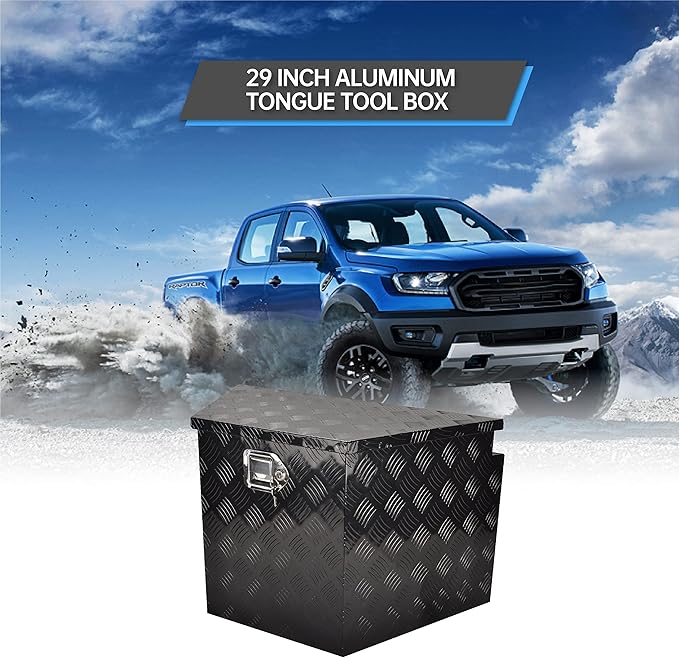 29'' Aluminum Utility Trailer Tongue Tool Box Utility Trailer Tongue Tool Box 5 Bar Tread RV Storage Organizer Trailer Storage Tool Box with Lock & Keys,Black (29''x16.5''x18'')