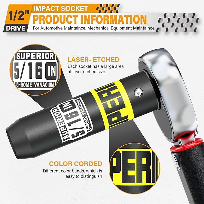 1/2" Drive Impact Socket, 5/16 inch Deep Socket, SAE, 6 Point, CR-V, for Car Repair, Loosen the Fastening Nut