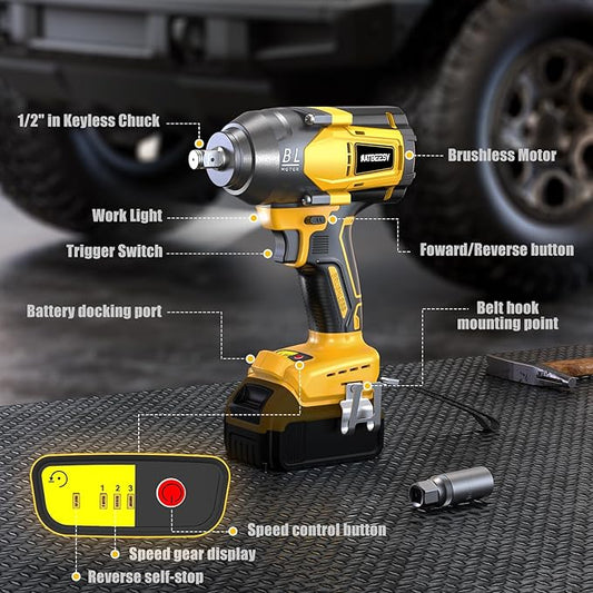 Impact Wrench Compatible with De-Walt 20V Battery: 1/2 Inch Hog Ring Impact Driver High Torque - 600 Ft-lbs Cordless Impact Gun - Brushless Motor with LED Light And Blet Clip - Tool Only