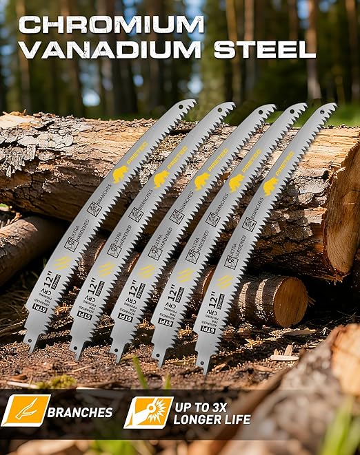 Japanese Teeth Reciprocating Saw Blades 12 Inch, Arc Edge Wood Pruning Reciprocating Saw Blades 6TPI Tree Trimming, Wood Cutting, Cr-V Reciprocal Saw Blades Better Wear Resistance, (5 Pack)