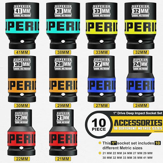10 Piece 1" Drive Deep Impact Socket Set, 21mm-41mm, Metric, Heavy Duty CR-MO, 6-Point Design, Large Automotive Repairs, Truck, Excavators