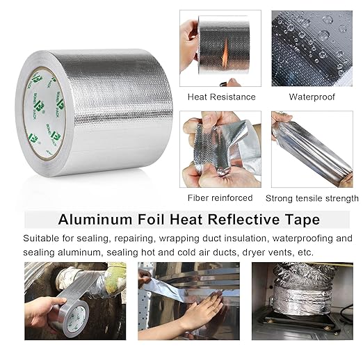 BOMEI PACK Adhesive Aluminum Foil Heat Shield Tape Barrier 4in x 66ft, Fiberglass Thermal Insulation Reflective Material High Temp