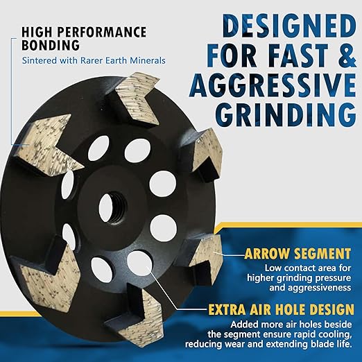 5" High Performance Diamond Grinding Wheels for Concrete, Paint, Epoxy, Mastic, Coating Removal, #30/40 Grit, 6 Arrow Segments, 5/8"-11 Arbor