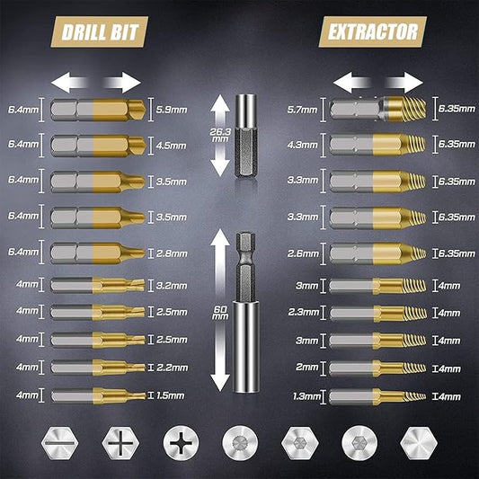 Damaged Screw Extractor Set: 22PCS Titanium Broken Bolt Extractor Kit - Easy Out Stripped Screw Extractor Kit for Easy Removal of Rusty & Broken Hardware High Speed Steel Gifts for Men