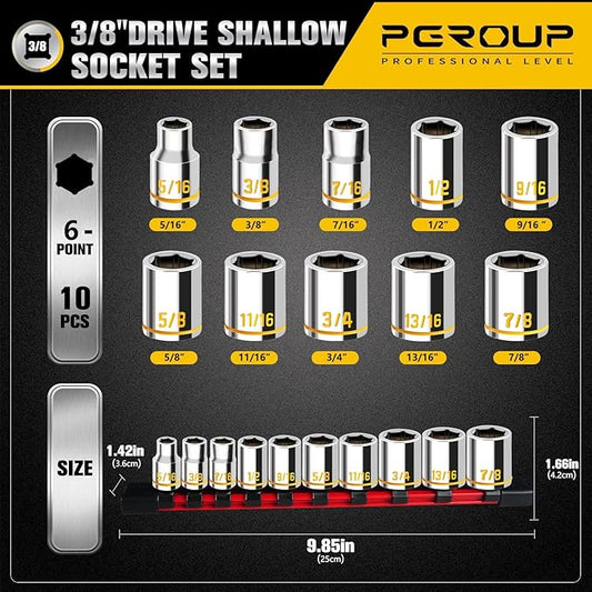 10 PCS 3/8-Inch Drive Shallow Socket Set, Standard SAE, 5/16"- 7/8", 6 Point, Embossed and Painted Marking, Mirror Chrome Finish,Cr-V Steel With Rail