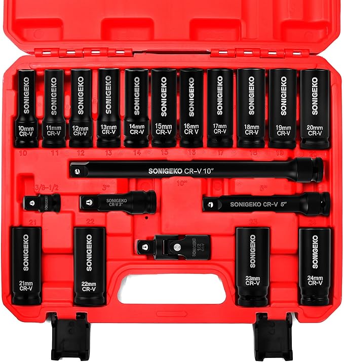 Socket Set 1/2" Drive Impact Socket Set,20-Piece 6 Point Deep, Metric CR-V Steel Sockets with Extension Bars, Universal Joint and Adapter(1/2" 20 PCS Metric)