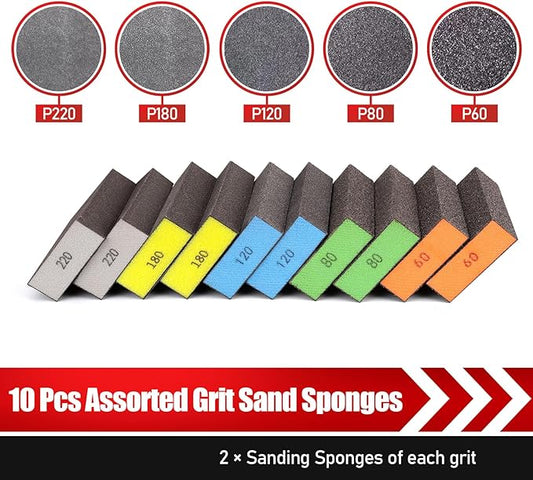 10 Pcs Sanding Sponge, Washable and Reusable Sanding Block 60/80/100/120/180/220 Grit Sand Paper Assortment for Wood Drywall Metal Glasses Sandpaper Block Sand Paper Brick