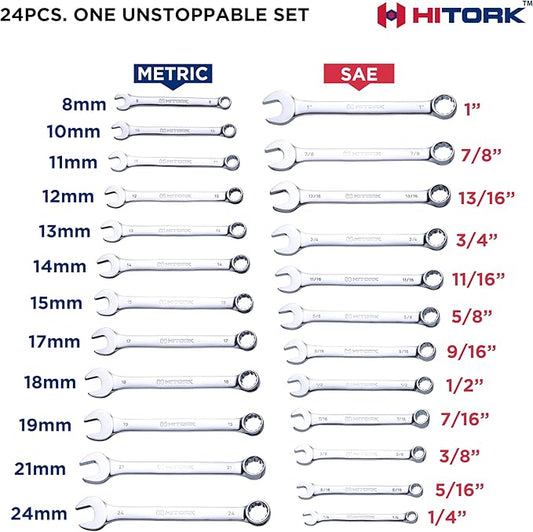 Hitork 24-Piece Combination Wrench Set, SAE (1/4"??") & Metric (8??4mm), Cr-V Steel, Mirror Chrome Finish, 12-Point Box End, 15째 Offset, with Roll Pouch ??Ideal for Home, Garage & Auto Repair