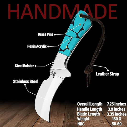 Stainless Steel Lineman's Hawkbill Knife, Fixed Blade Full Tang, Turquoise Handle with Leather Sheath