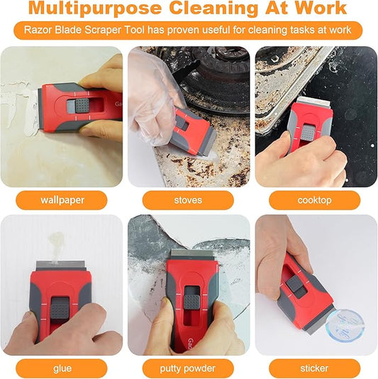Razor Blade Scraper with 2 Pcs Plastic Scraper, Scraper Tool for Cooktop, Oven, Stove, Labels Decal, Plastic Blades for Clean Glass Window, Scraper Buit-In Blade torage, Upgraded Lock Mechanism,Gray
