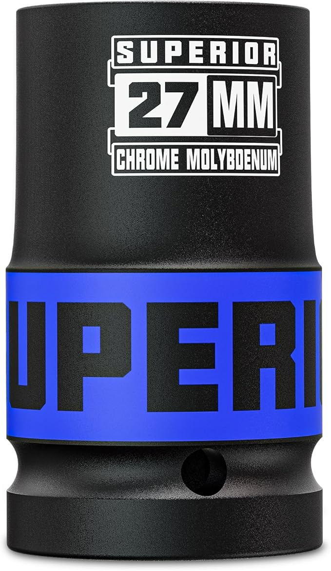 1" Drive Impact Socket, 27 mm Deep Socket, Metric Axle Nut Socket, 6 Point, CR-MO, Automotive, Truck Maintenance, Heavy Equipment Repair
