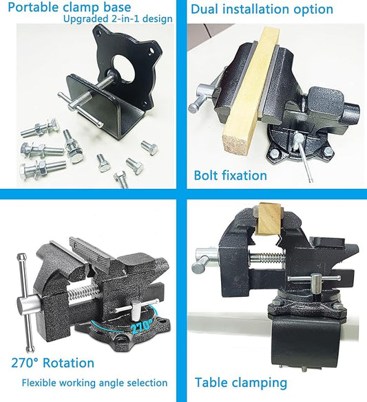 MYTEC 2-In-1 Work Bench Vise, Upgraded Multi-Purpose Table Vice, Universal Rotate 270째Work Clamp-On Vise, 4.5" black