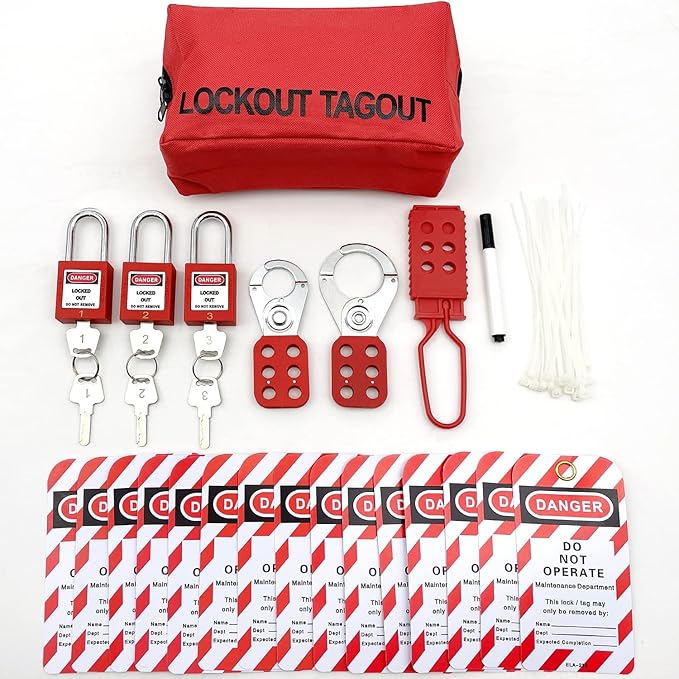 Lockout Tagout Kit Electrical Loto - Group Lockout Hasps, Lockout Tags, Safety Padlocks with Number, Nylon Ties with Pocket Bag(Red Kit)