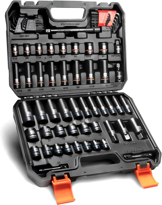 LLNDEI 3/8 inch Drive 12 Point Socket Set 71 Piece,SAE(5/16-3/4in) and Metric(8-22mm),Deep & Shallow,CR-V.With Drill Socket Adapter & Extension Bar 3/8 in,Hex Key Set 12Pt Can Also be Used on 6pt