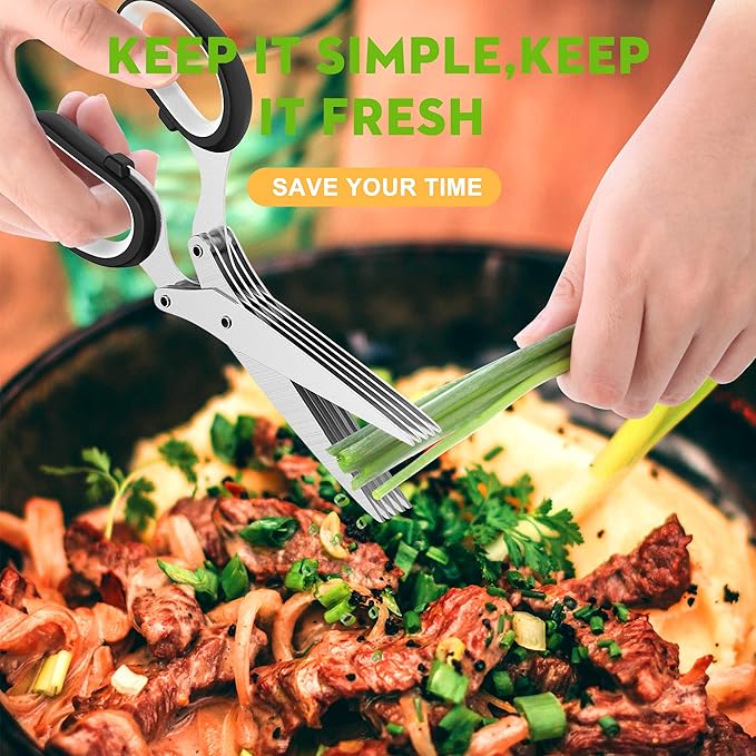 Fun Unique Kitchen Gadgets: Herb Scissors Set - Updated 2025 Cool Kitchen Tools for Cutting Fresh Garden Herbs - Sharp 5-Blade Shears with Cover, Anti-Rust Stainless Steel, Dishwasher Safe (Black)