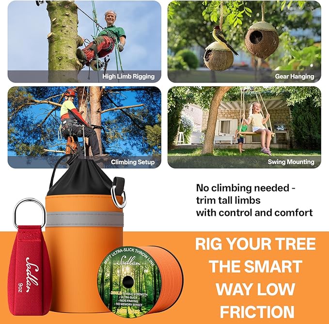 Arborist Throw Line Kit - Ultra Slick 166ft Polyester Rope with 9Oz Weight Throw Bag Low High Limb Throwing Adults Forestry Tree Trimming Cutting GEA