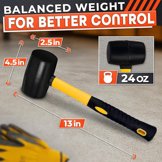 24 Oz Rubber Mallet Hammer for Woodworking, Flooring, Tiling, Camping and More - Rubber Hammer With Non-Slip Grip, Durable Ergonomic Handle, Anti-Vibrating Design For Efficient Work