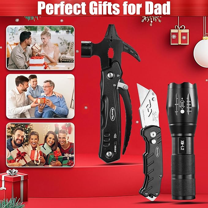 RoverTac Dad Tool Gift Set, 12-in-1 Multitool Hammer, Flashlight & Utility Knife in a Gift Box with "BEST DAD EVER", Unique & Practical Gift for Dad on Father?셲 Day, Birthday, Christmas & Retirement