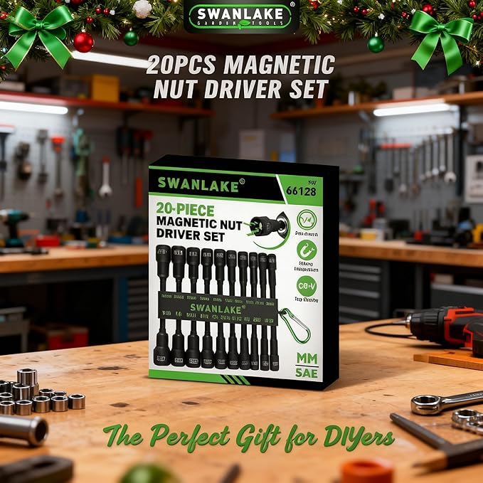 Magnetic Nut Driver Set, 20-Piece Metric & SAE 1/4" Hex Shank, Drill Socket Set, Impact Driver Bit Sets, Magnetic Bit Holder with Aluminum Alloy Snap Clip, 65mm Long Hex Bits, Quick Change Tool