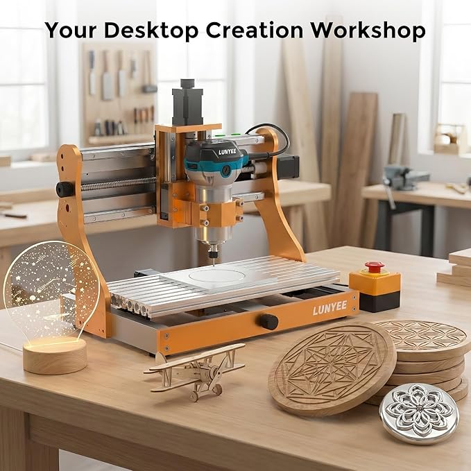 LUNYEE 3020 Nova CNC Router Machine, All-Metal XYZ Axis Linear Guides and Ball screw with 800W Trimmer Router, Suitable for Cutting Aluminum, Brass, Stainless steel, Wood, Acrylic, MDF, and Plastics