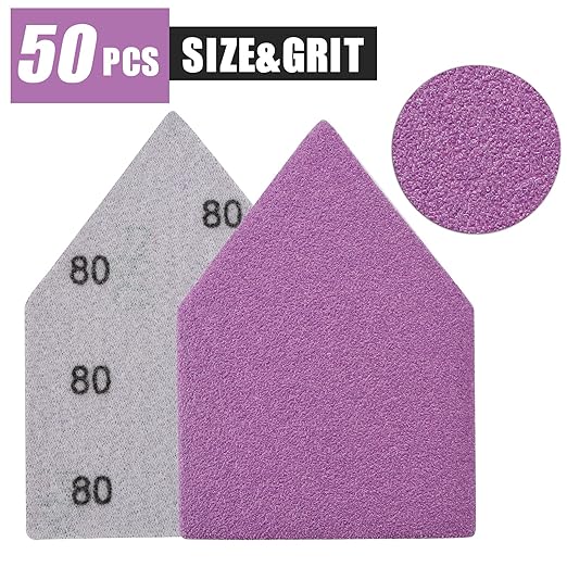 80 Grit Sandpaper 50PCS, 90mm x 65mm Triangle Sanding Sheets, Fits Milwaukee M12 Fuel Sander, Hook & Loop Detail Sander, White Fused Alumina Abrasive Sand Paper for Wood Finishing, Detail Sanding