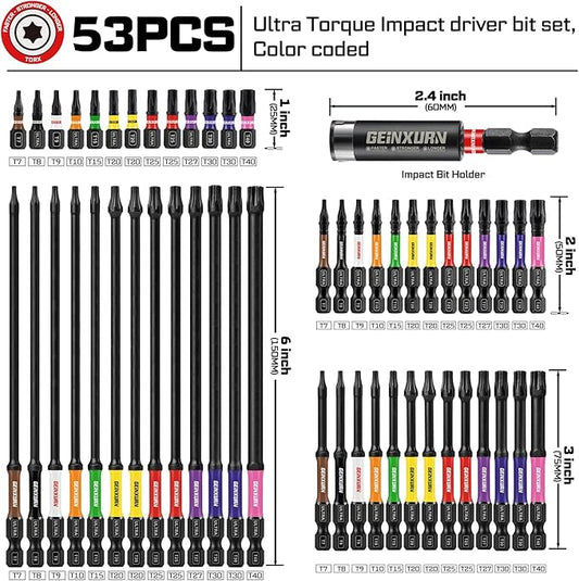 Impact Torx Screwdriver Bits Set, 52Pcs Magnetic(T7-T40) S2 Steel 1??2??3??6??Long Extension Multi Star Driver Bits and 1Pc Bit Holder with Color Coded Base