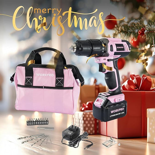 WORKPRO Pink Cordless 20V Lithium-ion Drill Driver Set, 1 Battery, Charger and Storage Bag Included - Pink Ribbon