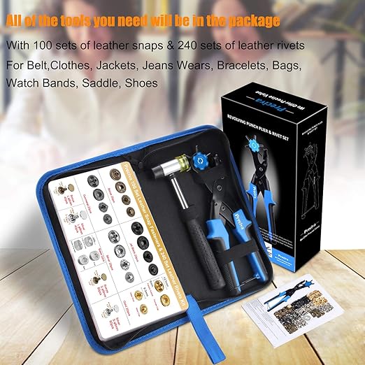 Preciva Hole Punch Plier, Revolving Punch Tool Kit with Pliers, Ruler, Grinding Rod, Plastic Hammer, 340pcs Snap Fasteners & Rivets
