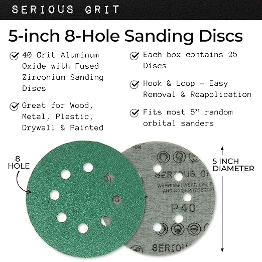 Serious Grit Sanding Discs 5 Inch 8 Hole 40 Grit - Heavy-Duty Hook & Loop Wet Dry Film Sandpaper Discs - Extra Coarse Sand Paper for Random Orbital Sanders - Wood, Automotive, Metal, etc - 25 Pack Box