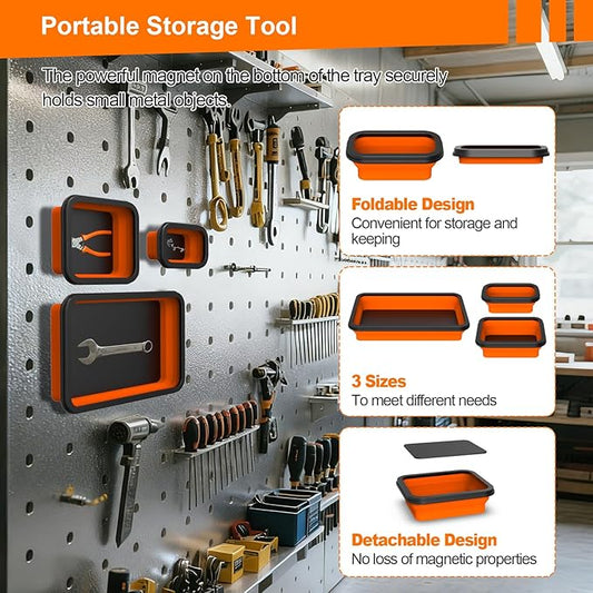 Foldable Magnetic Parts Organizer: 3 Heavy-Duty Foldable Trays, Bolts, Nuts, Washers & Small Metal Tools