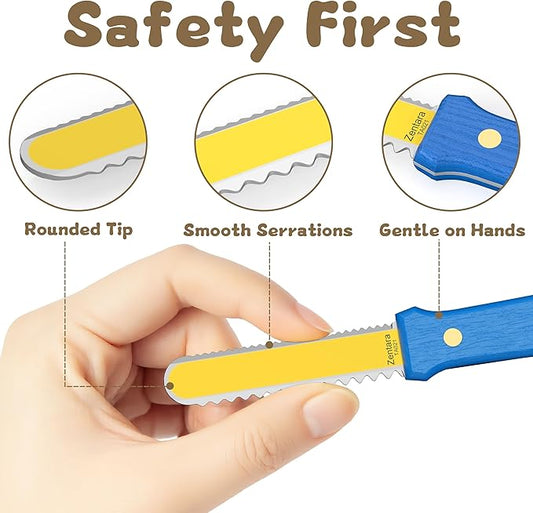 Zentara Kids Cardboard Cutter with Wooden Handle ??Safe Serrated Craft Knife with Rounded Tip, Brass Rivets & Full-Tang Steel Core ??420J2 Stainless Steel ??Ages 5+ DIY Projects