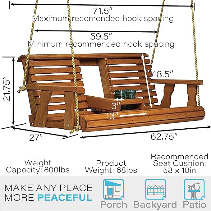 Porchgate Amish Heavy Duty 800 Lb Rollback Console Treated Porch Swing with Hanging Ropes (Cedar Stain)