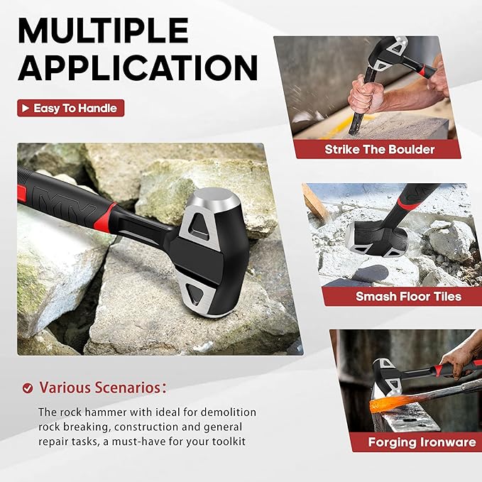 YIYITOOLS 3lb Hard Face Sledge Hammer, Heavy Duty One-Piece Forged Carbon Steel, 3-Pound Strike Drilling/Crack Hammer with Anti-Vibration Rubber Grip for Rock, Demolition & General Construction