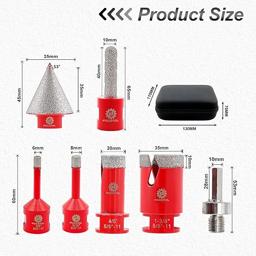 FOCSTOL Diamond Core Drill Bit Set - 7pcs (6/8/20/35mm+10mm Finger Milling Bit+35mm Beveling Chamfer Bit+HEX) Diamond Hole Saw Kit for Porcelain Ceramic Tile Marble Granite