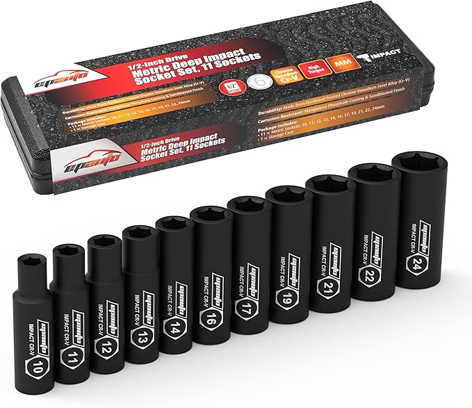 EPAuto 1/2-Inch Drive Metric Deep Impact Socket Set, Cr-V, 6 Points, 11 Sockets
