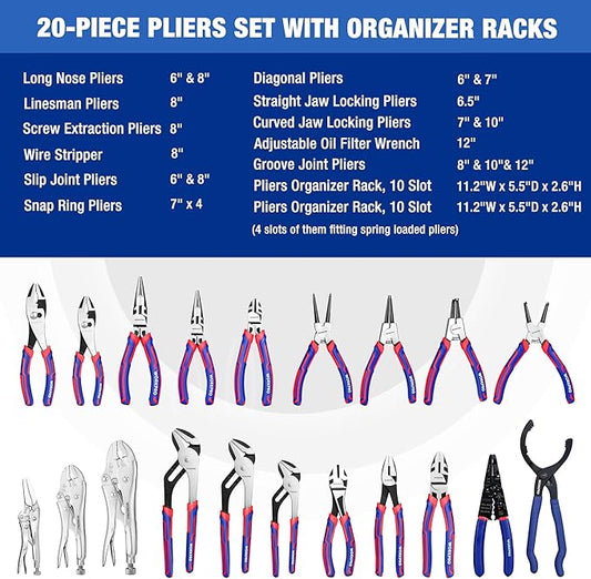 WORKPRO Pliers Set, 20-Piece Full Assortment of Pliers with 2-pack Plier Organizer Rack, Great Fits for Tool Box Drawer or Tool Chest, Ideal as Holiday, Fathers' Day and Christmas Gift