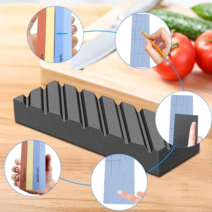 Intelitopia Complete Knife Sharpening Stone Set ??Dual Grit Whetstone 400/1000 3000/8000 Knife Sharpener with Leather Strop, Flattening Stone, Bamboo Base, 3 Non-slip Rubber Bases & Angle Guide