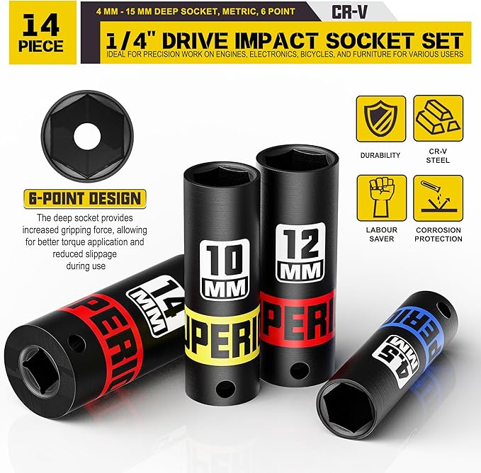 14 Piece 1/4" Drive Impact Socket Set, 4 mm - 15 mm Deep Socket, Metric, 6 Point, CR-V, Auto Repair Bicycle Maintenance and Furniture Assembly