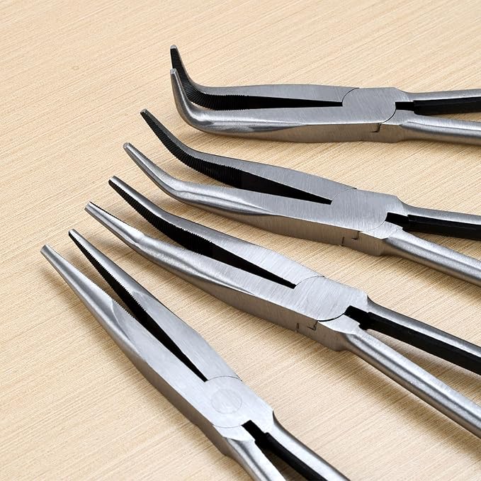 4-Piece 11" Precision Long Nose Pliers Set with Insulated Comfort Grip Handles,Straight Long Needle Nose Pliers,25/45/90 Degree Angle Curved Pliers for Wire Bending,Shaping,Trimming