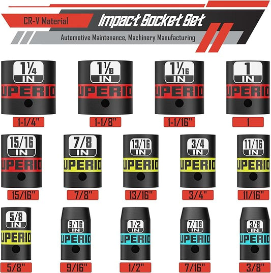 14 Piece 1/2" Drive Impact Socket Set, 3/8??to 1-1/4??Shallow Socket, SAE, 6 Point, CR-V, Automotive Maintenance, Machinery Manufacturing