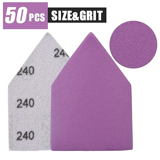 240 Grit Sandpaper 50PCS, 90mm x 65mm Triangle Sanding Sheets, Fits Milwaukee M12 Fuel Sander, Hook & Loop Detail Sander, White Fused Alumina Abrasive Sand Paper for Wood Finishing, Detail Sanding