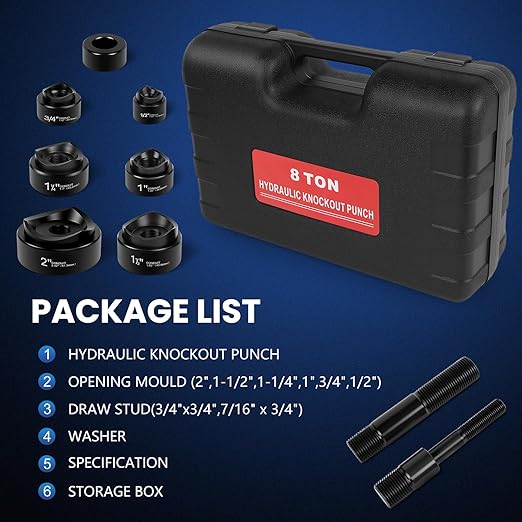 Hydraulic Knockout Punch Set (1/2" to 2") - Electrical Conduit & Metal Sheet Hole Cutter Kit, 8 Ton, Alloy Steel
