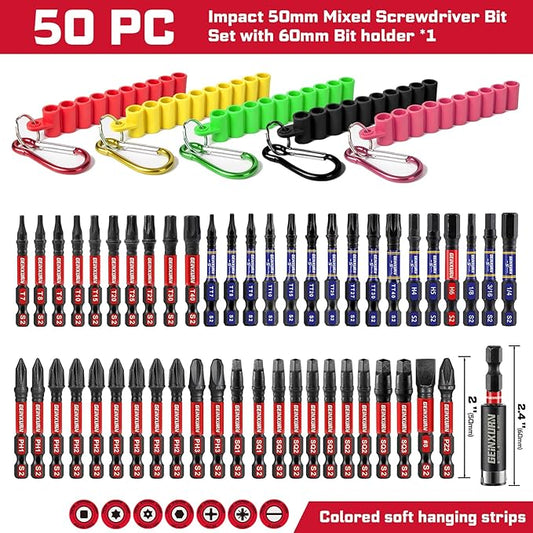 Impact Screwdriver Bits Set, 50 Pieces 2?쒶uliti Head Magnetic S2 Steel Driver Bits PH/SQ/Torx/Hex/PZ with Soft Hanging Strips