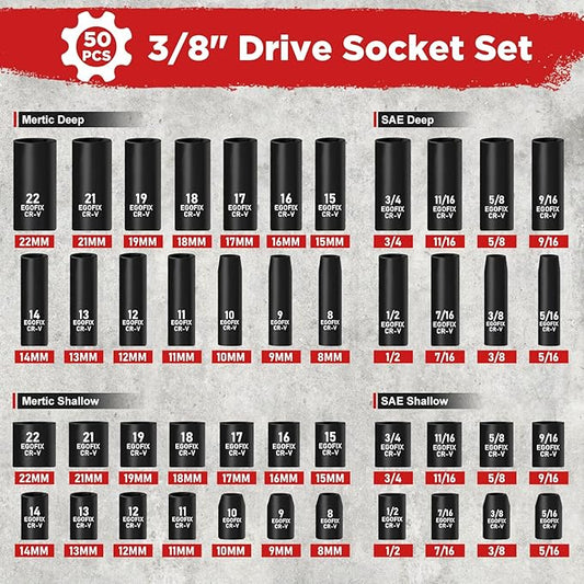 3/8" Drive Impact Socket Set, 50 Piece Standard SAE (5/16 to 3/4 inch) and Metric (8-22mm) 6 Point, with Adjustable Ratchet Handle, Extension Bars, Impact Universal Joint, Adapter, Cr-V Steel