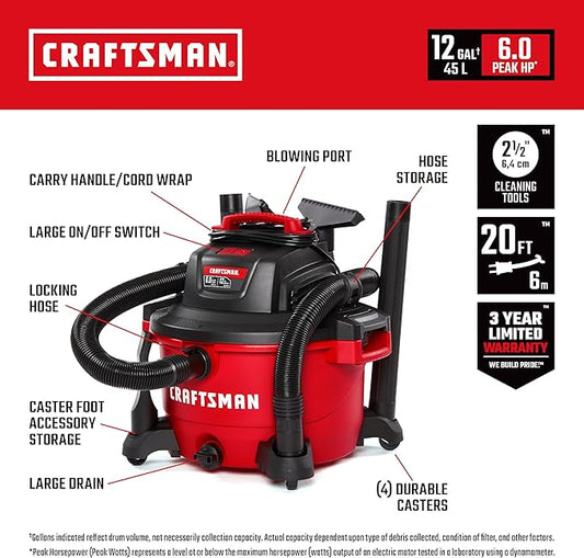 "CRAFTSMAN CMXEVBE17594 12 Gallon 6.0 Peak HP Wet/Dry Shop Vac, Portable Shop Vacuum Wet and Dry with Two Filters, Dust Bag, 7-ft Hose, 20-ft Hose and Attachments for Home Projects & Renovations "