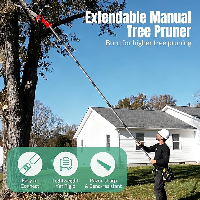 Suchtale 10FT Pole Saw for Tree Trimming, Manual Tree Pruner with Steel Saw Blade & Scissors, Long Handle Branch Cutter Pole, Extendable Limb Trimmer for High Branches, Yard Garden Pruning Tool