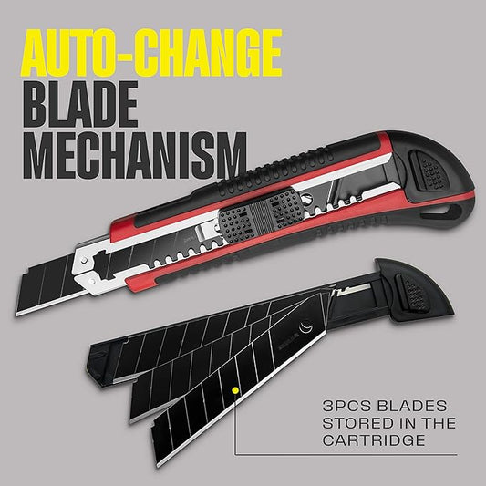 18mm Retractable Utility Knife with 4x SK2H Snap Off Black Spare Blades (18mm 1 PACK)
