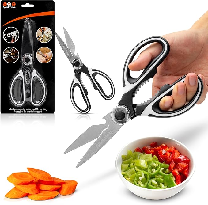 SpartaSake Kitchen Scissors All Purpose Heavy Duty -Stainless Steel Ultra Sharp kitchen shears for food- Cooking poultry Shears for kitchen (Black-White)